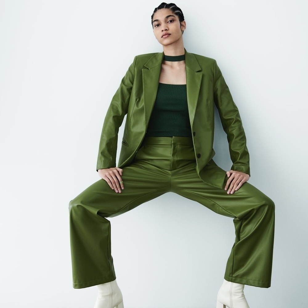 ZARA 2pcs Faux Leather Blazer + Full Length Faux Leather Pants Green BNWT